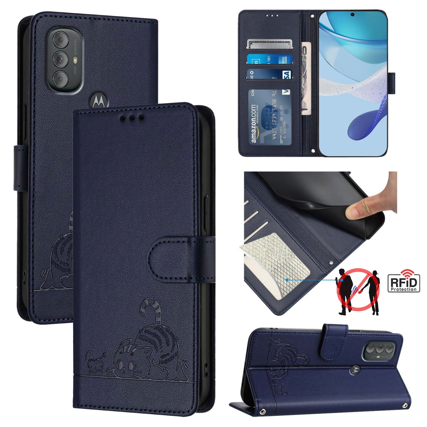 Motorola Moto G Power 2022 Cat and Rat Embossed Pattern, RFID Leather Phone Case with Lanyard, Kickstand, and Wallet Features