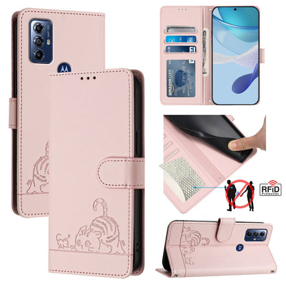 Motorola G Pure Cat and Rat Embossed Pattern, RFID Leather Phone Case with Lanyard, Kickstand, and Wallet Features