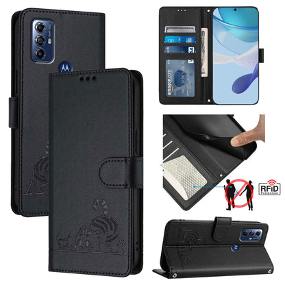 Motorola G Pure Cat and Rat Embossed Pattern, RFID Leather Phone Case with Lanyard, Kickstand, and Wallet Features