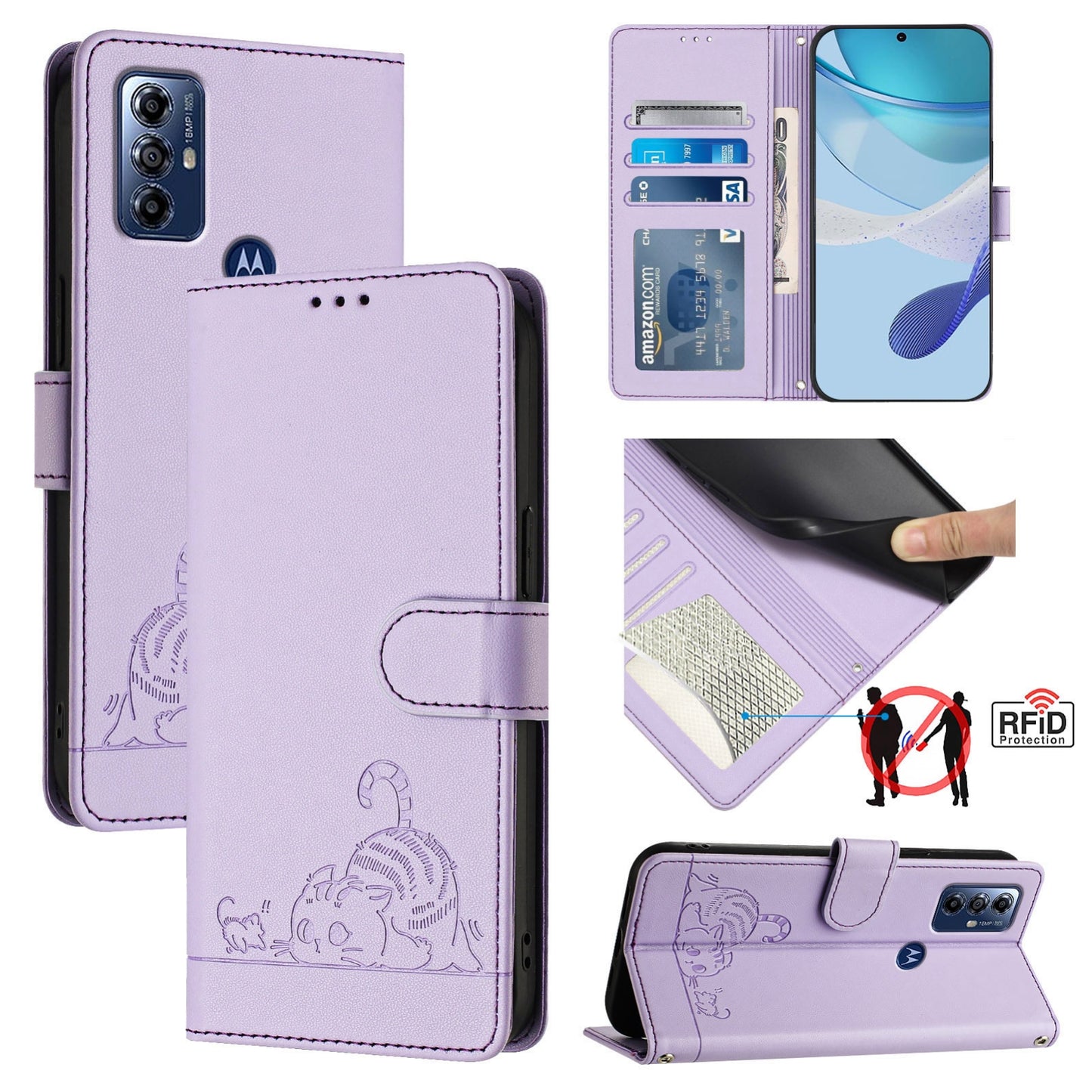 Motorola G Pure Cat and Rat Embossed Pattern, RFID Leather Phone Case with Lanyard, Kickstand, and Wallet Features