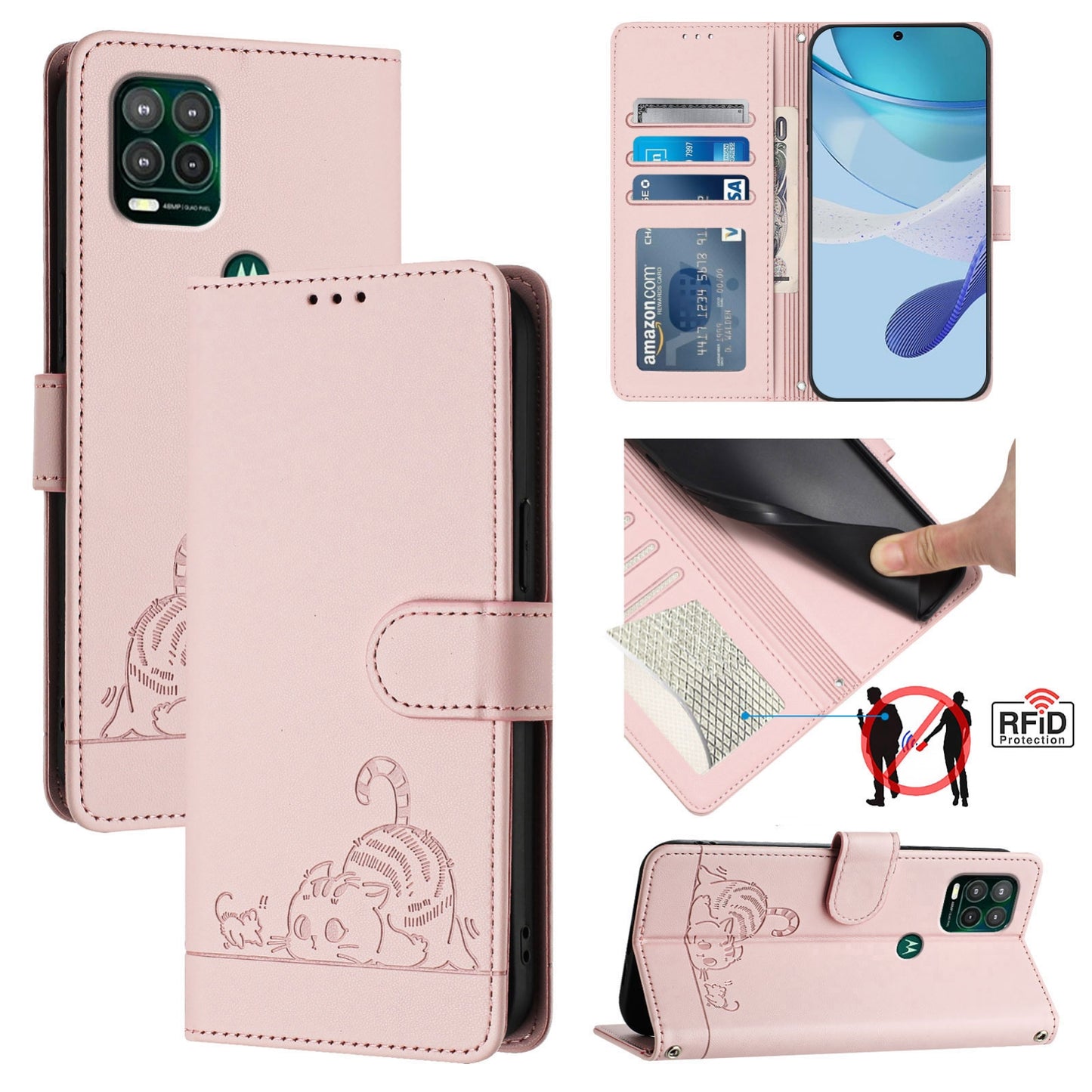 Motorola Moto G Stylus 5G 2021 Cat and Rat Embossed Pattern, RFID Leather Phone Case with Lanyard, Kickstand, and Wallet Features