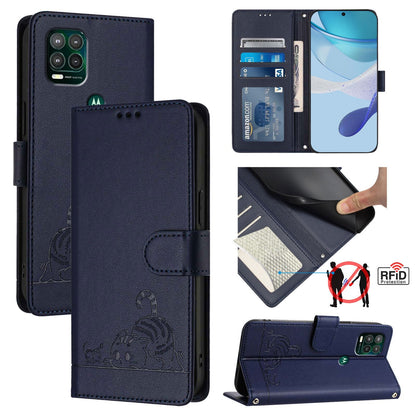 Motorola Moto G Stylus 5G 2021 Cat and Rat Embossed Pattern, RFID Leather Phone Case with Lanyard, Kickstand, and Wallet Features