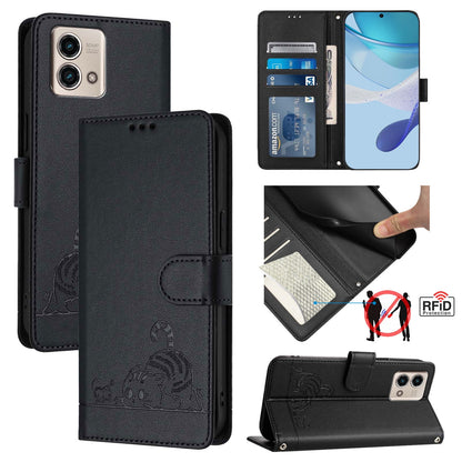 Motorola Moto G Stylus 2023 4G Cat and Rat Embossed Pattern, RFID Leather Phone Case with Lanyard, Kickstand, and Wallet Features