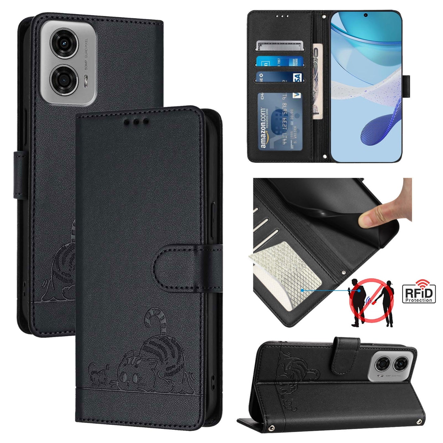 Motorola Moto G04 4G Global Cat and Rat Embossed Pattern, RFID Leather Phone Case with Lanyard, Kickstand, and Wallet Features