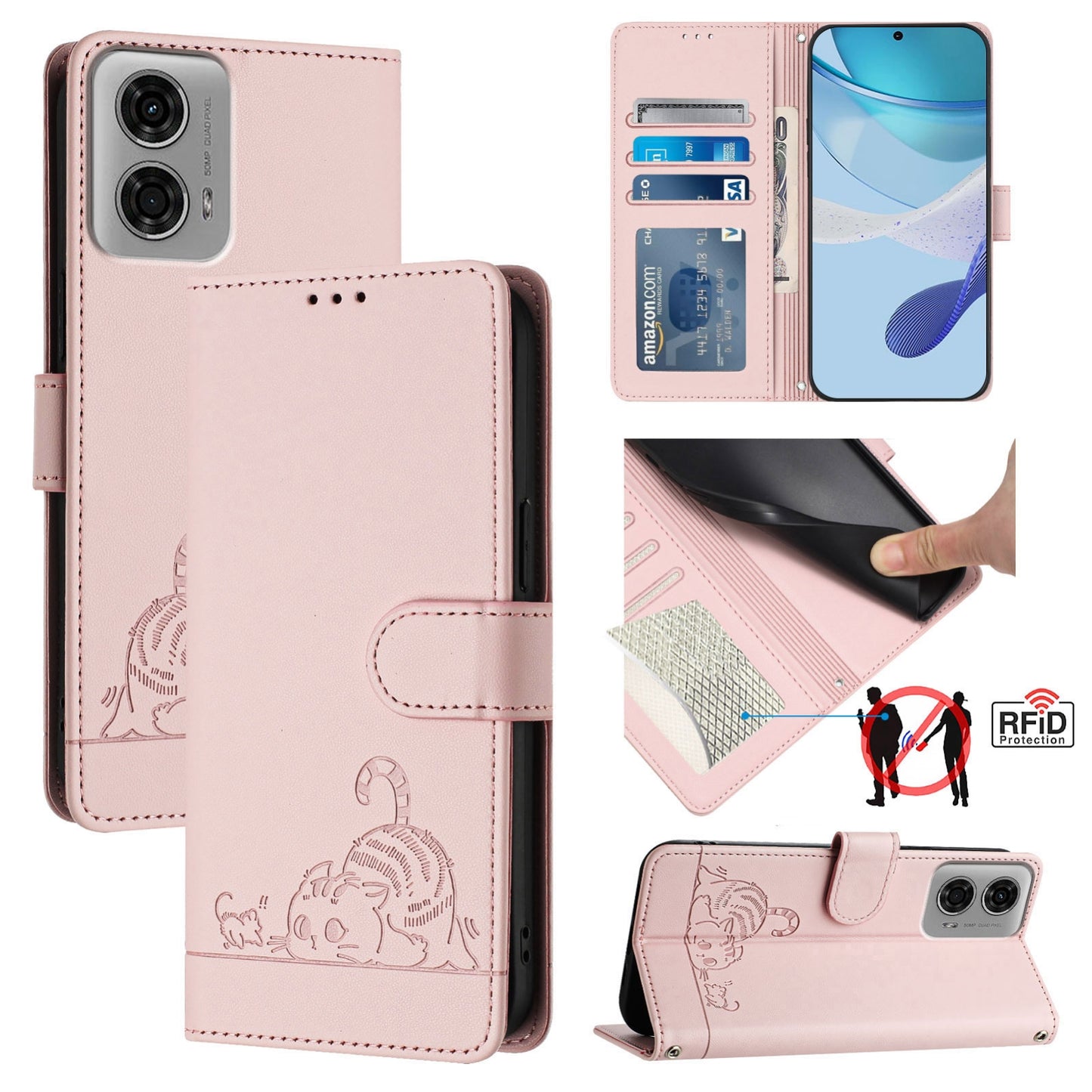 Motorola Moto G24 4G Global Cat and Rat Embossed Pattern, RFID Leather Phone Case with Lanyard, Kickstand, and Wallet Features