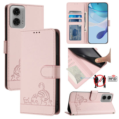 Motorola Moto G24 4G Global Cat and Rat Embossed Pattern, RFID Leather Phone Case with Lanyard, Kickstand, and Wallet Features