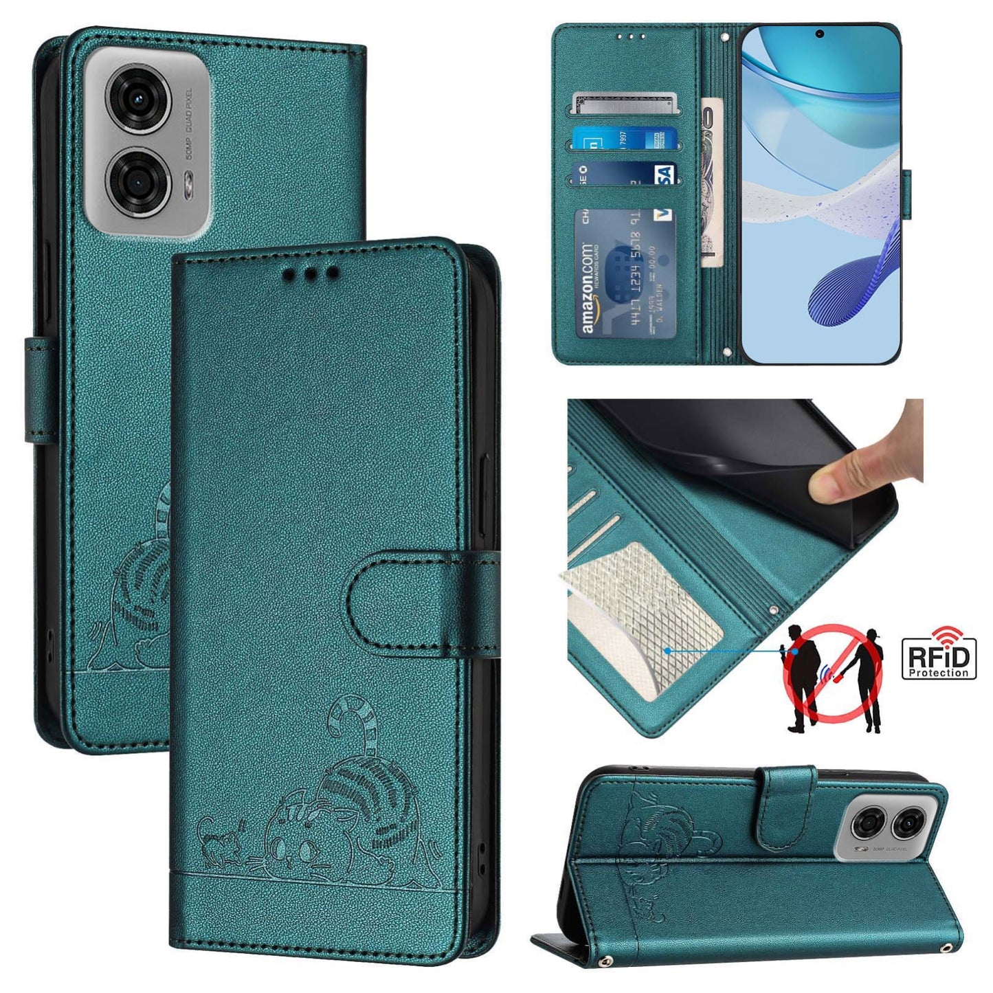 Motorola Moto G24 4G Global Cat and Rat Embossed Pattern, RFID Leather Phone Case with Lanyard, Kickstand, and Wallet Features