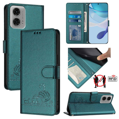 Motorola Moto G24 4G Global Cat and Rat Embossed Pattern, RFID Leather Phone Case with Lanyard, Kickstand, and Wallet Features