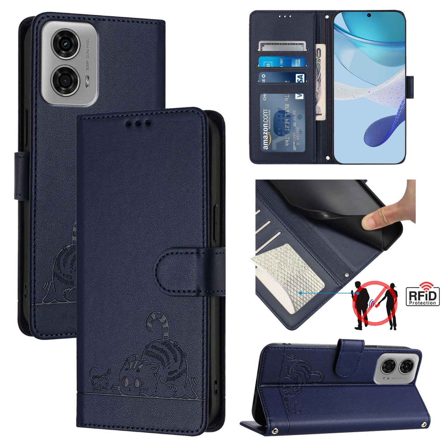 Motorola Moto G24 4G Global Cat and Rat Embossed Pattern, RFID Leather Phone Case with Lanyard, Kickstand, and Wallet Features