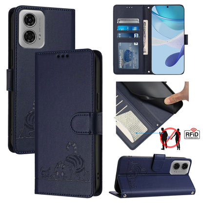 Motorola Moto G24 4G Global Cat and Rat Embossed Pattern, RFID Leather Phone Case with Lanyard, Kickstand, and Wallet Features