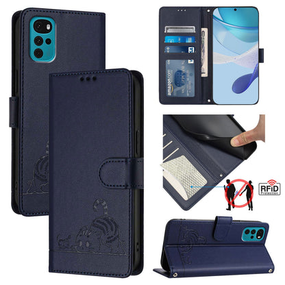 Motorola Moto G22 4G Cat and Rat Embossed Pattern, RFID Leather Phone Case with Lanyard, Kickstand, and Wallet Features