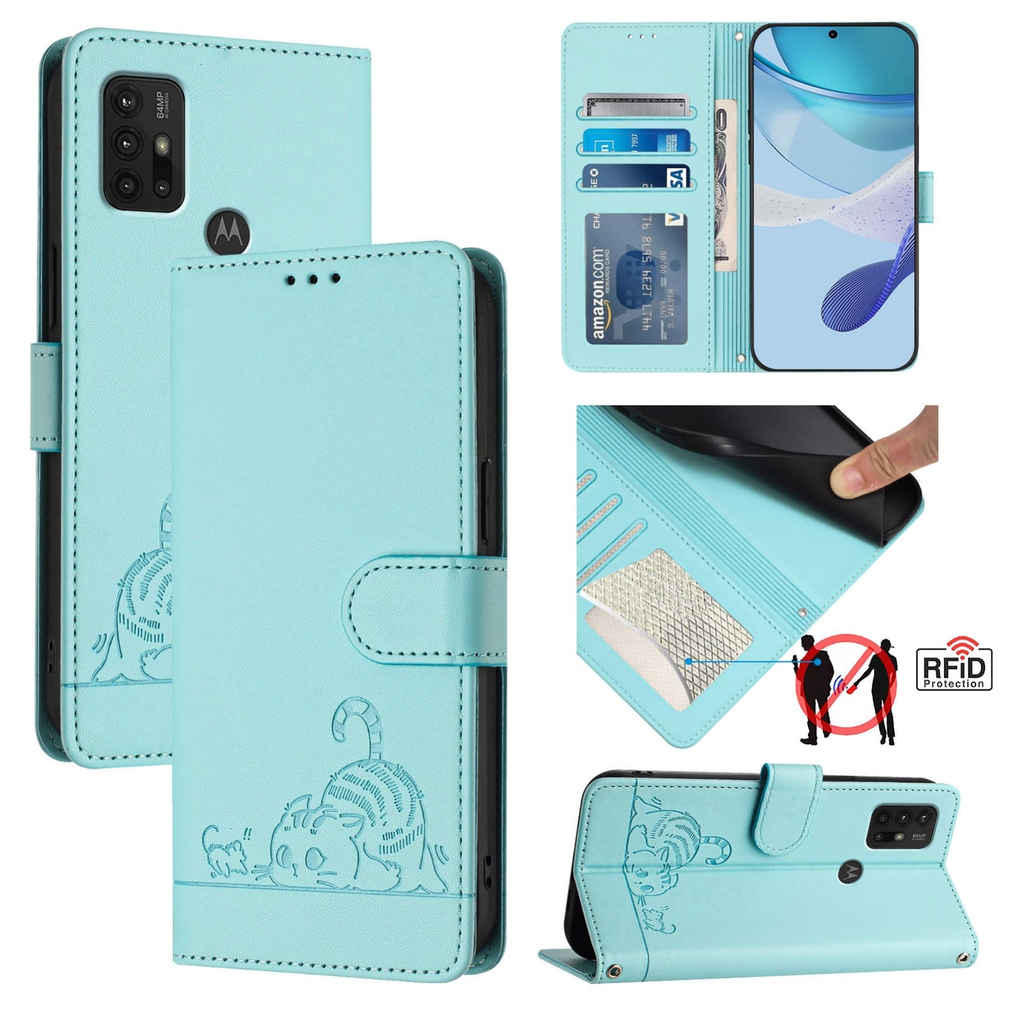 Motorola Moto G30 Cat and Rat Embossed Pattern, RFID Leather Phone Case with Lanyard, Kickstand, and Wallet Features