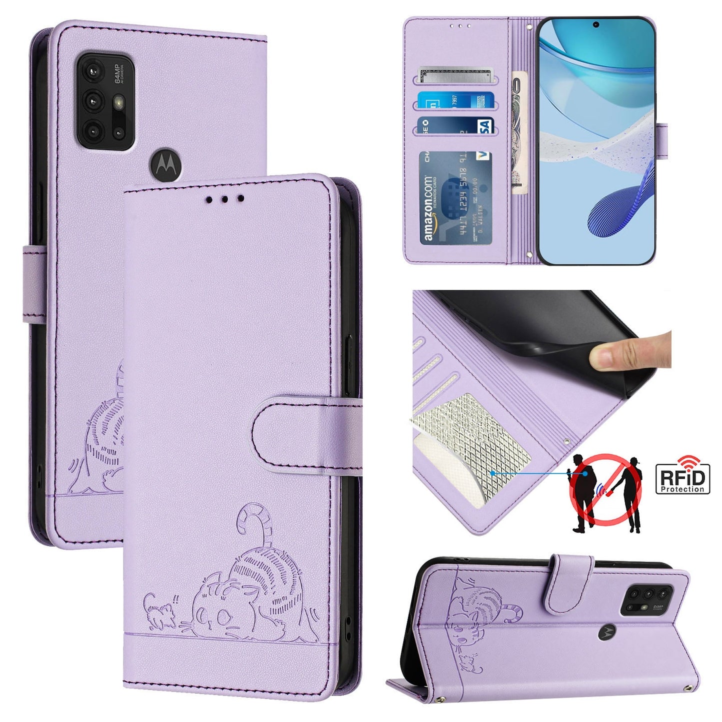 Motorola Moto G10 Cat and Rat Embossed Pattern, RFID Leather Phone Case with Lanyard, Kickstand, and Wallet Features