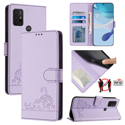 Motorola Moto G10 Cat and Rat Embossed Pattern, RFID Leather Phone Case with Lanyard, Kickstand, and Wallet Features