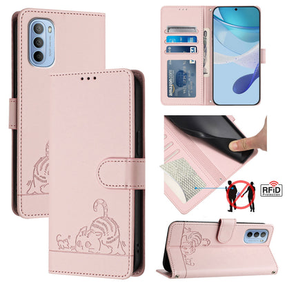 Motorola Moto G31 4G Global Cat and Rat Embossed Pattern, RFID Leather Phone Case with Lanyard, Kickstand, and Wallet Features