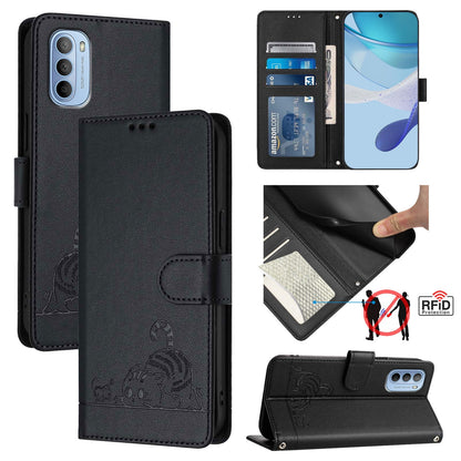 Motorola Moto G31 4G Global Cat and Rat Embossed Pattern, RFID Leather Phone Case with Lanyard, Kickstand, and Wallet Features