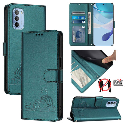 Motorola Moto G31 4G Global Cat and Rat Embossed Pattern, RFID Leather Phone Case with Lanyard, Kickstand, and Wallet Features