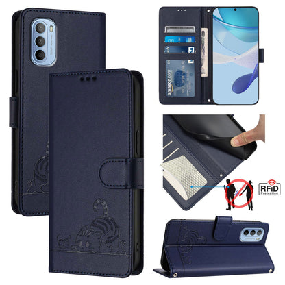 Motorola Moto G31 4G Global Cat and Rat Embossed Pattern, RFID Leather Phone Case with Lanyard, Kickstand, and Wallet Features