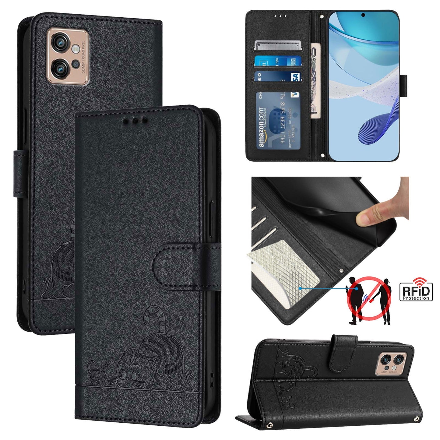 Motorola Moto G32 Cat and Rat Embossed Pattern, RFID Leather Phone Case with Lanyard, Kickstand, and Wallet Features
