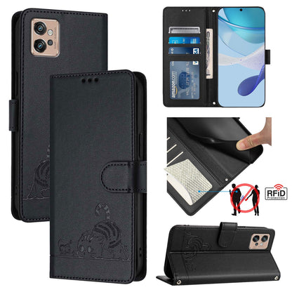 Motorola Moto G32 Cat and Rat Embossed Pattern, RFID Leather Phone Case with Lanyard, Kickstand, and Wallet Features