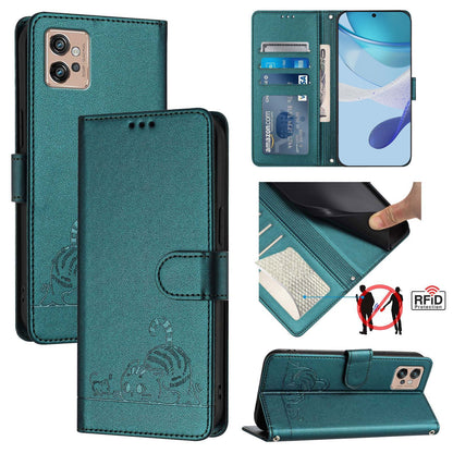 Motorola Moto G32 Cat and Rat Embossed Pattern, RFID Leather Phone Case with Lanyard, Kickstand, and Wallet Features