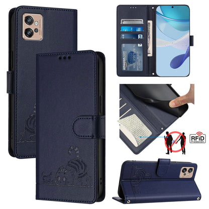 Motorola Moto G32 Cat and Rat Embossed Pattern, RFID Leather Phone Case with Lanyard, Kickstand, and Wallet Features