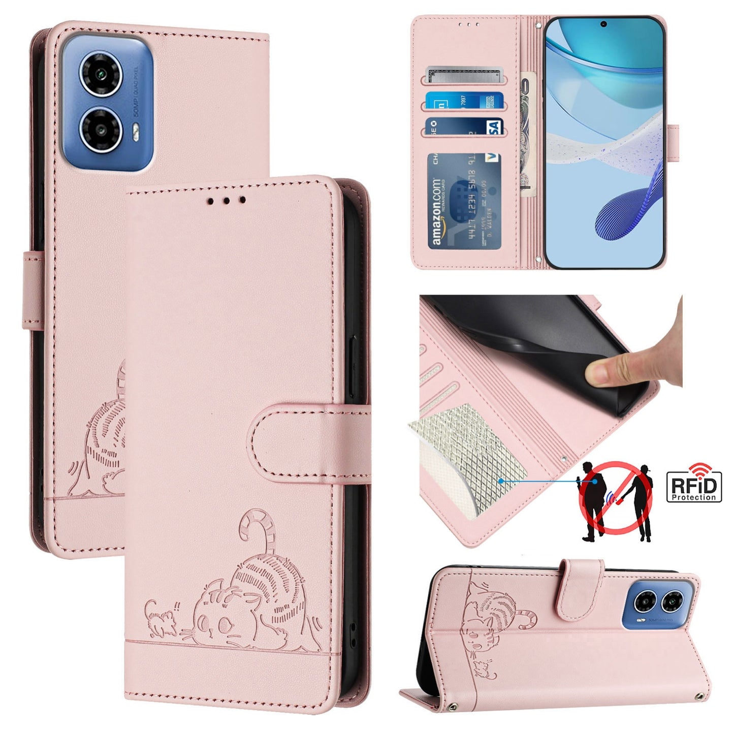Motorola Moto G34 Global Cat and Rat Embossed Pattern, RFID Leather Phone Case with Lanyard, Kickstand, and Wallet Features