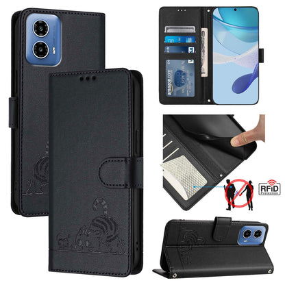 Motorola Moto G34 Global Cat and Rat Embossed Pattern, RFID Leather Phone Case with Lanyard, Kickstand, and Wallet Features