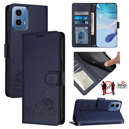 Motorola Moto G34 Global Cat and Rat Embossed Pattern, RFID Leather Phone Case with Lanyard, Kickstand, and Wallet Features