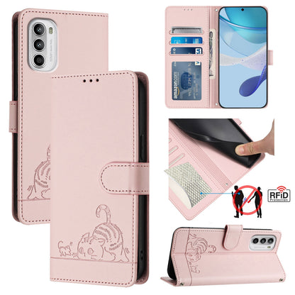 Motorola Moto G71s 5G Cat and Rat Embossed Pattern, RFID Leather Phone Case with Lanyard, Kickstand, and Wallet Features