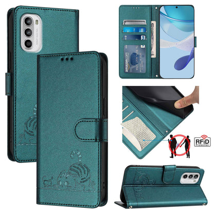 Motorola Moto G71s 5G Cat and Rat Embossed Pattern, RFID Leather Phone Case with Lanyard, Kickstand, and Wallet Features