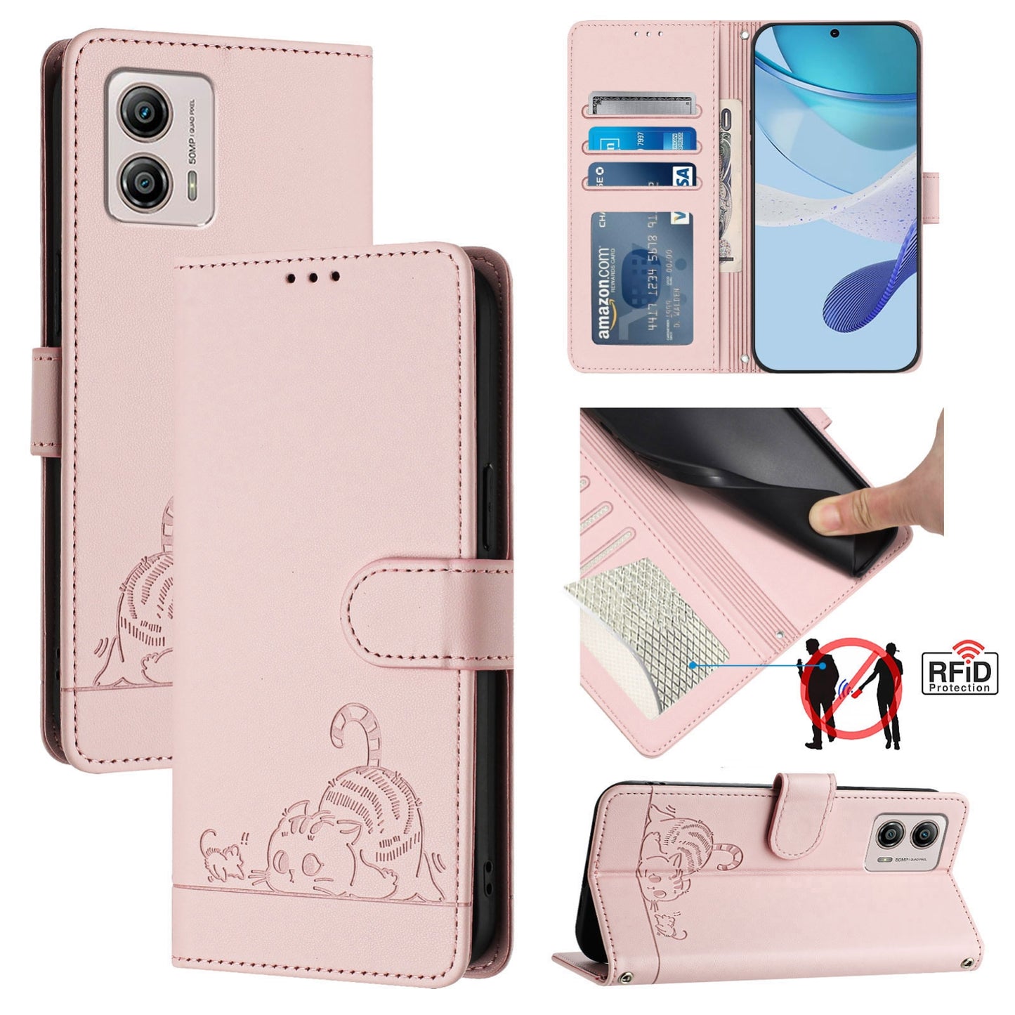 Motorola Moto G13 4G Cat and Rat Embossed Pattern, RFID Leather Phone Case with Lanyard, Kickstand, and Wallet Features