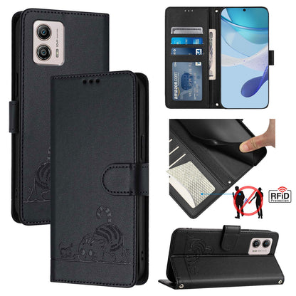 Motorola Moto G53 5G Cat and Rat Embossed Pattern, RFID Leather Phone Case with Lanyard, Kickstand, and Wallet Features
