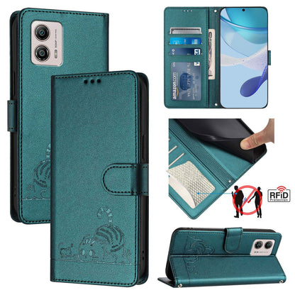 Motorola Moto G53 5G Cat and Rat Embossed Pattern, RFID Leather Phone Case with Lanyard, Kickstand, and Wallet Features