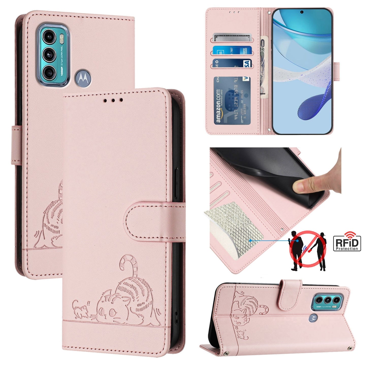 Motorola Moto G40 Fusion Cat and Rat Embossed Pattern, RFID Leather Phone Case with Lanyard, Kickstand, and Wallet Features