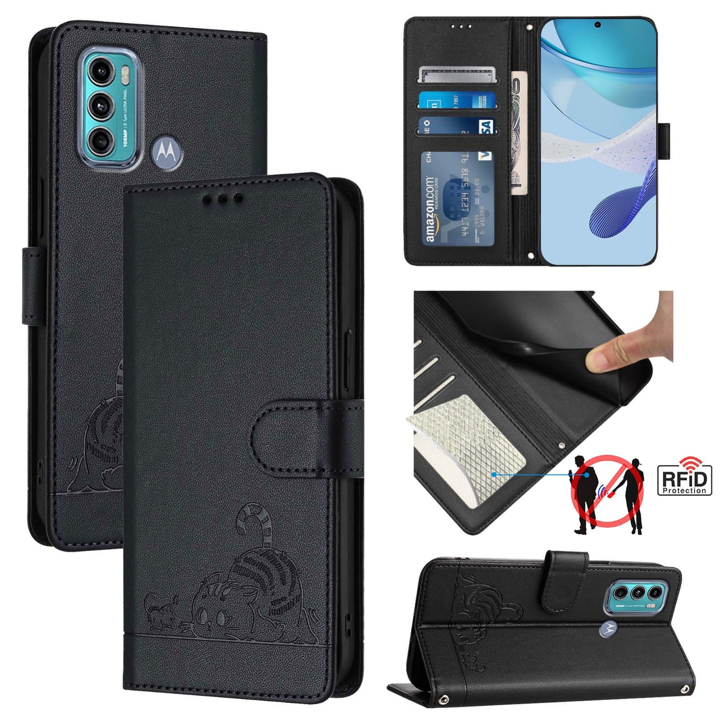 Motorola Moto G40 Fusion Cat and Rat Embossed Pattern, RFID Leather Phone Case with Lanyard, Kickstand, and Wallet Features