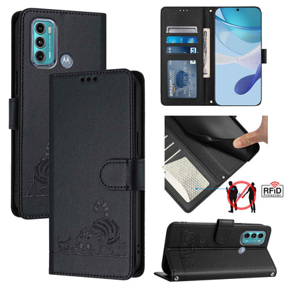 Motorola Moto G60 Cat and Rat Embossed Pattern, RFID Leather Phone Case with Lanyard, Kickstand, and Wallet Features