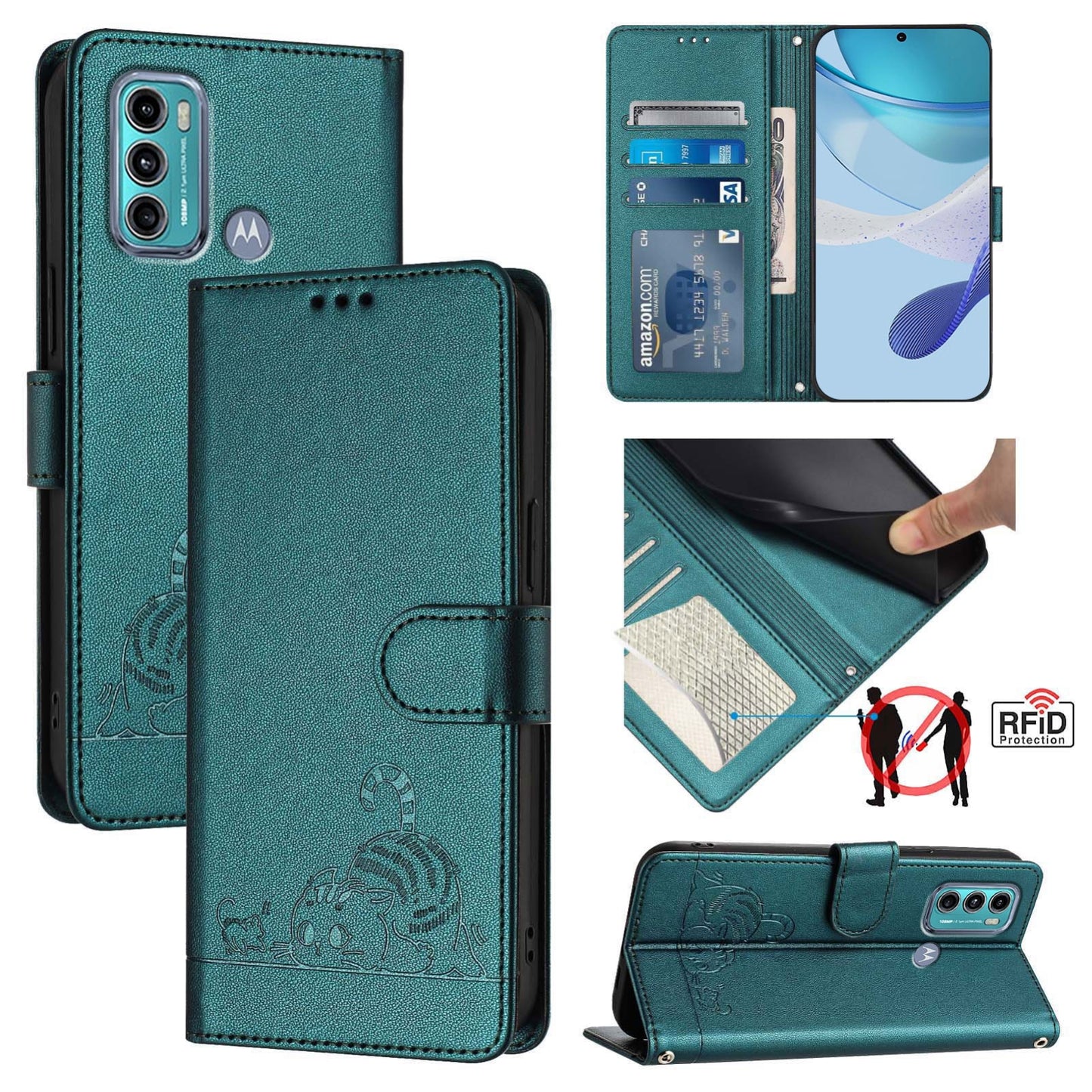 Motorola Moto G40 Fusion Cat and Rat Embossed Pattern, RFID Leather Phone Case with Lanyard, Kickstand, and Wallet Features