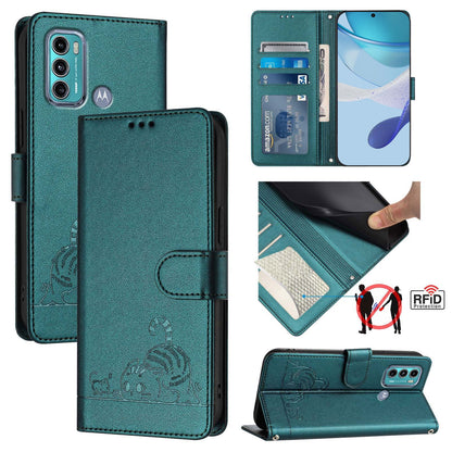 Motorola Moto G60 Cat and Rat Embossed Pattern, RFID Leather Phone Case with Lanyard, Kickstand, and Wallet Features