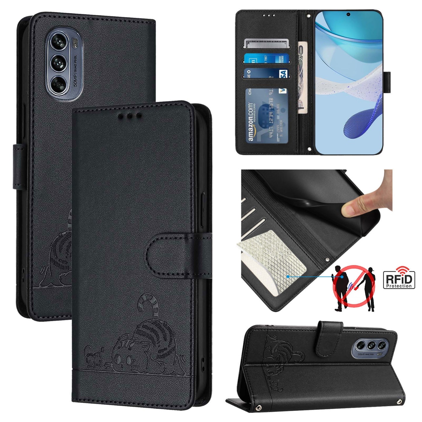 Motorola Moto G62 5G Global Cat and Rat Embossed Pattern, RFID Leather Phone Case with Lanyard, Kickstand, and Wallet Features
