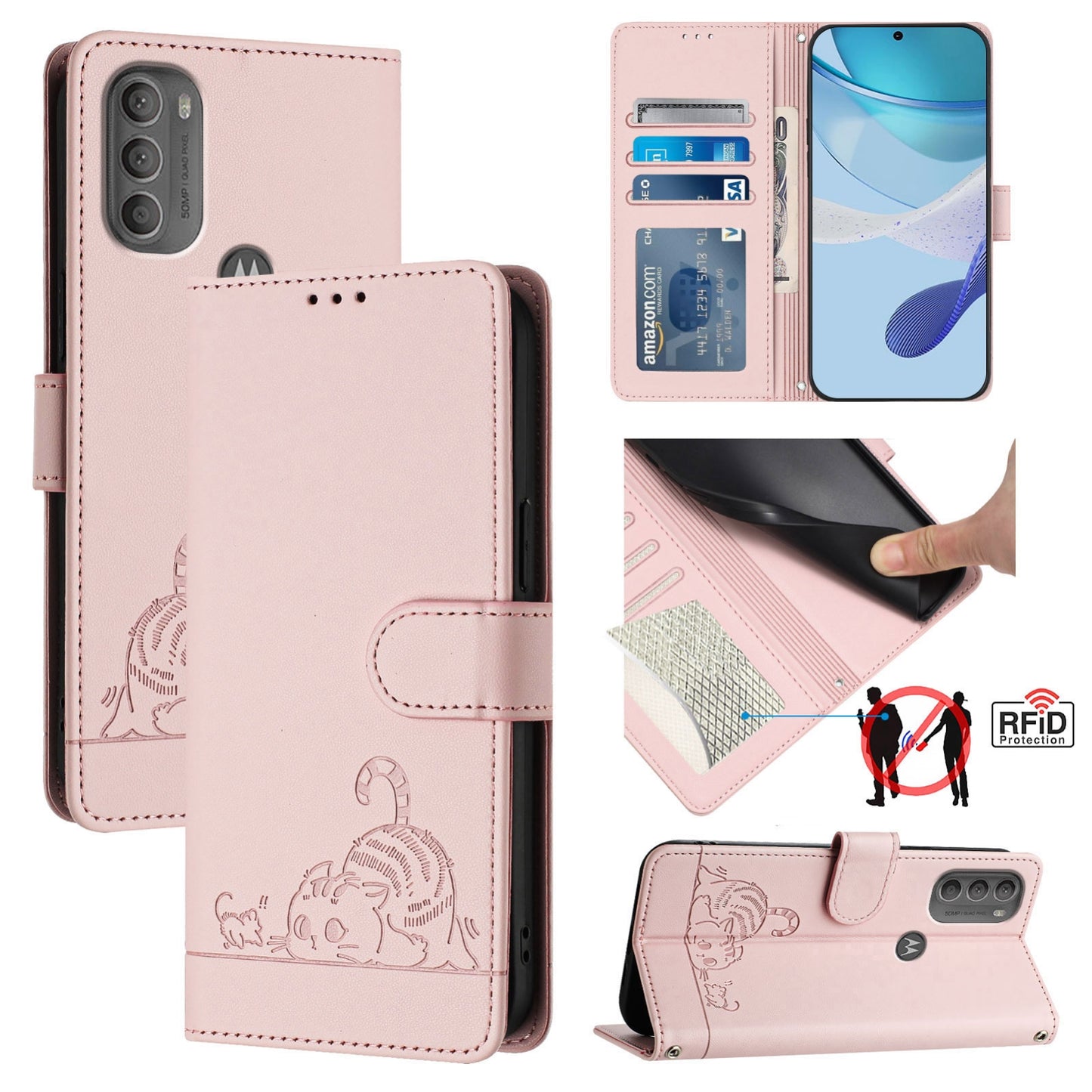 Motorola Moto G71 5G Cat and Rat Embossed Pattern, RFID Leather Phone Case with Lanyard, Kickstand, and Wallet Features