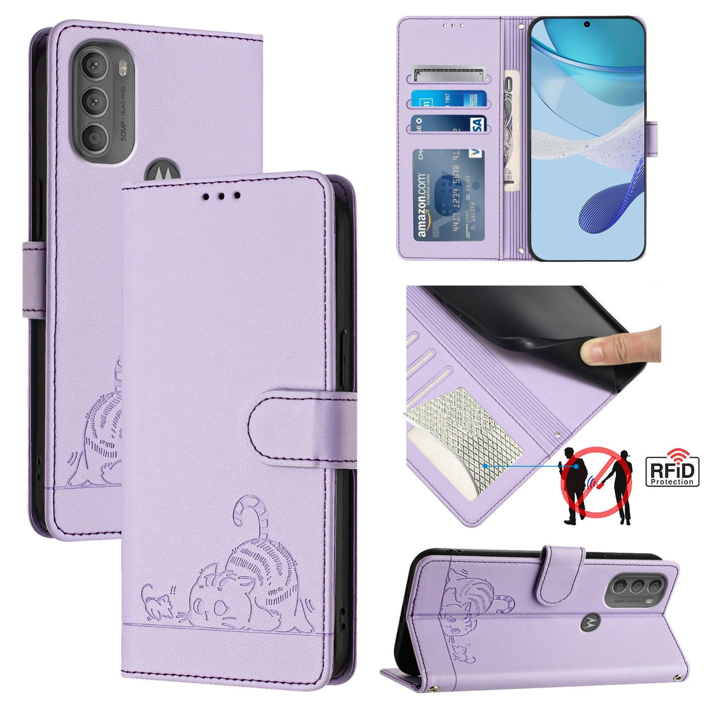 Motorola Moto G71 5G Cat and Rat Embossed Pattern, RFID Leather Phone Case with Lanyard, Kickstand, and Wallet Features
