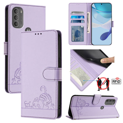 Motorola Moto G71 5G Cat and Rat Embossed Pattern, RFID Leather Phone Case with Lanyard, Kickstand, and Wallet Features