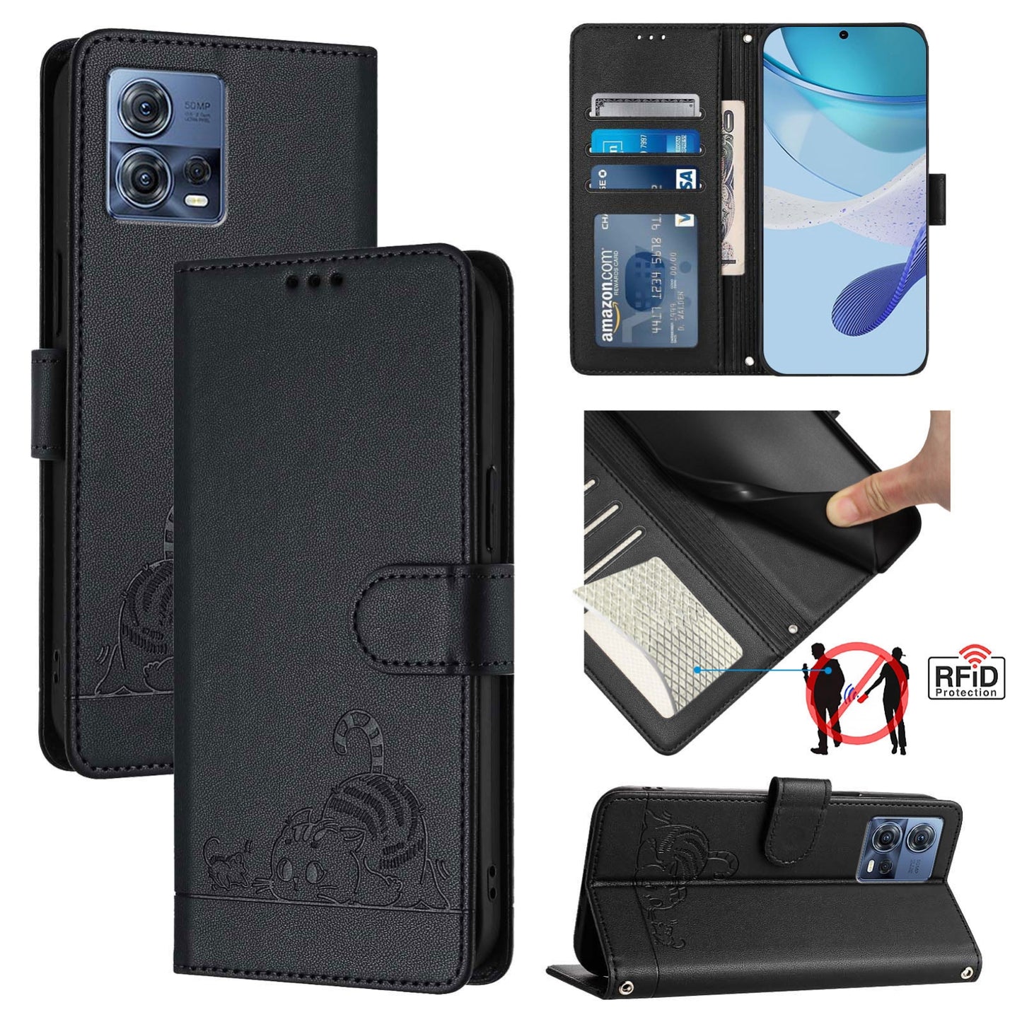 Motorola Moto G72 Cat and Rat Embossed Pattern, RFID Leather Phone Case with Lanyard, Kickstand, and Wallet Features