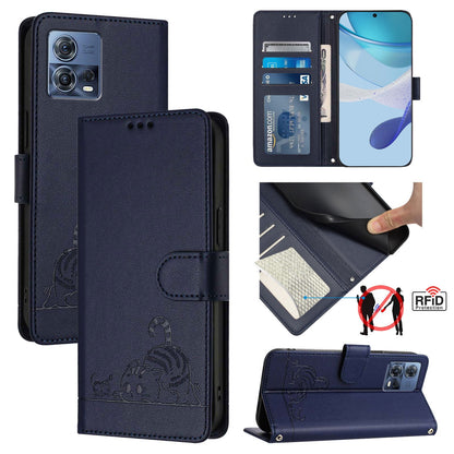 Motorola Moto G72 Cat and Rat Embossed Pattern, RFID Leather Phone Case with Lanyard, Kickstand, and Wallet Features