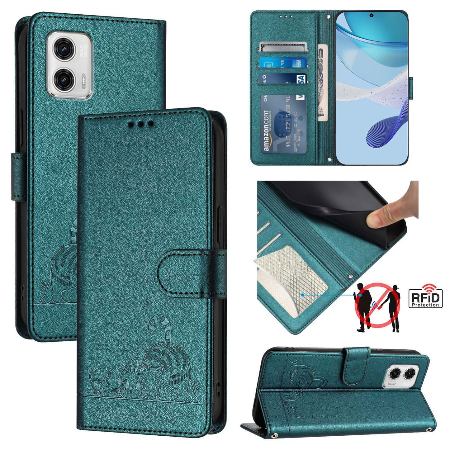 Motorola Moto G73 5G Cat and Rat Embossed Pattern, RFID Leather Phone Case with Lanyard, Kickstand, and Wallet Features