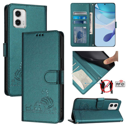 Motorola Moto G73 5G Cat and Rat Embossed Pattern, RFID Leather Phone Case with Lanyard, Kickstand, and Wallet Features