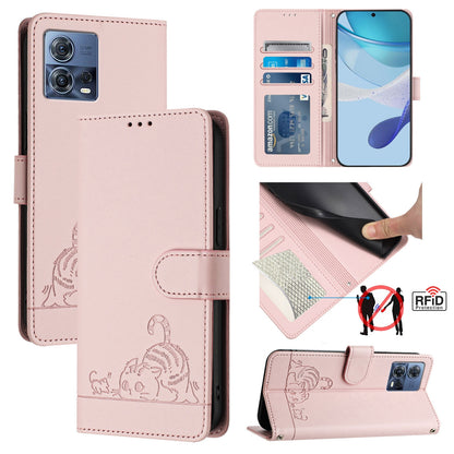 Motorola Moto S30 Pro 5G Cat and Rat Embossed Pattern, RFID Leather Phone Case with Lanyard, Kickstand, and Wallet Features