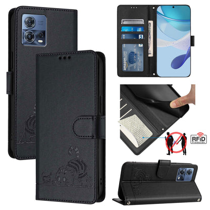 Motorola Moto S30 Pro 5G Cat and Rat Embossed Pattern, RFID Leather Phone Case with Lanyard, Kickstand, and Wallet Features