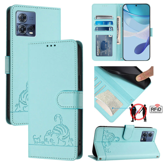 Motorola Edge 30 Fusion Cat and Rat Embossed Pattern, RFID Leather Phone Case with Lanyard, Kickstand, and Wallet Features